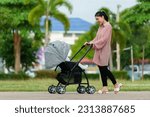 happy mother looking and pushing infant baby stroller while walking in the park