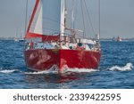 Small photo of sailing yacht from the bow. Close-up front view of the bow of a sporting sail yacht. sailing boat, sail boat or yacht at sea