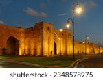 Small photo of Rabat. Morocco. 11.18.2022. The wall of the Kasbah of the Udayas by night initially built in the 12th century to overlook the mouth of the Bou Regreg, the river of Rabat.