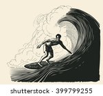 Surfer And Big Wave. Engraving...