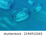 Small photo of Monkeypox virus model. Concept of searching for antibodies to Monkeypox virus. Anti-Monkeypox Virus VACV-5C7 antibodies. Mutated monkey fever. Model Monkey pox bacteria on blue background.