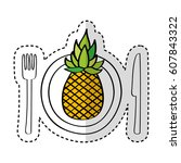dish and cutlery with pineapple ... | Shutterstock .eps vector #607843322