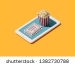 Movie ticket booking app: popcorn and movie theater tickets on a smartphone