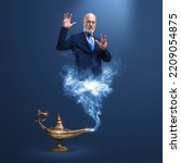Small photo of Corporate businessman genie coming out from a magic lamp, he is putting a spell on you