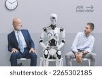 Small photo of Disappointed job applicants sitting in the waiting room and staring at the AI robot candidate, they are waiting for the job interview