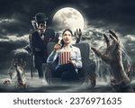 Scared woman watching horror movies and eating popcorn, she is surrounded by spooky zombie hands and a skeleton monster is standing behind her