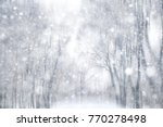 winter snow background / blurred background in city park, snowfall in forest, tree branches and bushes covered with snow, abstract snowflakes in blur, christmas walk