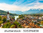 Panorama of Thun city with Alps and Thunersee lake, Switzerland.