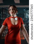 Small photo of poker girl in a dress with a neckline in which poker cards look seductively on a woman's chest. poker gambling. women's neckline