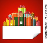 gift box pile on red background.... | Shutterstock .eps vector #758146498