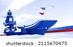 Heavy aircraft-carrying military cruiser card. Defender of the Fatherland Day in Russia. Vector illustration