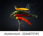 Hot chili peppers with rosemary on black background. Concept of spicy food.