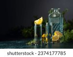 Small photo of Blue gin and juniper branches on an old dark blue table. Gin with juniper berries and lemon slices.