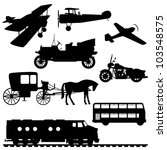 Silhouettes of vehicles. Silhouettes of transport: airplanes, antique car, double decker bus, motorcycle, carriage with a horse, a diesel train. Vector illustration.