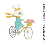 cute bunny on a bicycle. ... | Shutterstock .eps vector #1635369565