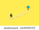 Man sign climbing wooden steps with a light bulb at the top on a yellow background with copy space