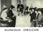 Small photo of Rasputin, the favorite of the Russian Empress, with women admirers, 1911. His ability to ease the Czarevich's hemophilia made he became an influential figure in the Russian court.