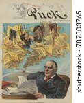 Small photo of HONOR TO MCKINLEY! Political cartoon from Puck Magazine, Mar. 23, 1898. President William McKinley resists the hawkish Pulitzer and Hearst newspaper headlines urging war with Spain after the explosion