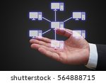 Small photo of businessman hand with virtual panel of star topology , Computer network technology concept