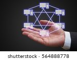 Small photo of businessman hand with virtual panel of mesh topology , Computer network technology concept