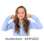Small photo of Fall on deaf ears of an attractive young girl . All on white background.