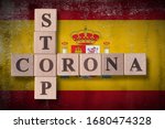 flag of spain with wooden cubes ... | Shutterstock . vector #1680474328