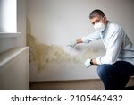 Small photo of Man with mouth nose mask and blue shirt and gloves n front of white wall with mold