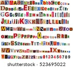 Big size colorful newspaper, magazine alphabet with letters, numbers and symbols. Isolated on white background.