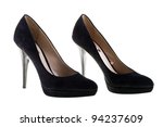 Pair of elegant high heel shoes on white background. Black footwear.