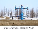 Small photo of Fountain fittings at the mouth of an exploratory gas well in the north of Western Siberia