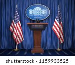Briefing of president of US United States in White House. Podium speaker tribune with USA flags and sign of White Houise. Politics concept. 3d illustration