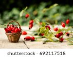 Many fresh rose hips on a table with basket