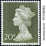 Small photo of ENGLAND - CIRCA 1985: A used stamp printed by england, shows the Queen head 20P, circa 1985.