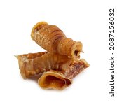Small photo of Food for dogs - dried beef offal (trachea) isolated on white background. Natural chewing treats.
