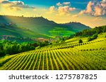 Langhe vineyards sunset panorama, Barolo and La Morra, Unesco Site, Piedmont, Northern Italy Europe.
