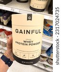 Small photo of San Jose, CA - May 26, 2023: Large tub of Gainful unflavored Whey Protein Powder.