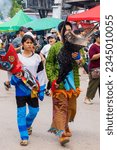 Small photo of LOEI-THAILAND-JUNE 24 : Detail of ghost mask for Phi Ta Khon Festival in the Dan Sai District, Loei, June 24, 2023, Loei Province, Thailand.