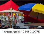 Small photo of LOEI-THAILAND-JUNE 24 : Detail of ghost mask for Phi Ta Khon Festival in the Dan Sai District, Loei, June 24, 2023, Loei Province, Thailand.