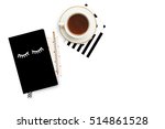 Woman background. Notebook with coffee. Flat lay