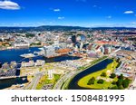 Oslo, Norway. Aerial view of Sentrum area of Oslo, Norway, with Barcode buildings and the river Akerselva. Construction site with blue sky during a sunny summer day