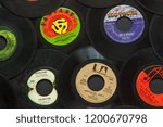 Small photo of Woodbridge, New Jersey / United States - October 11, 2018: A collection of 1960s 45 speed records, including the Beatles, Don McLean, Four Tops, Aretha Franklin, and Creedence Clearwater Revival.