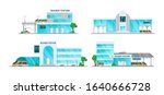 Railway station building cartoon set. Building of the railway station with platform for departure and arrival of trains, passenger terminal, timetables, taxi vector illustration