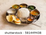 Vegetarian Nepali Thali (Dal Bhat) set, a traditional meal with rice and pulses in Nepal
