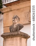 Small photo of Ronda, Spain - April 22, 2017:Ancient Statue of Vicente Gomez Martinez-Espinel, Spanish writer and musician born in Ronda, Spain. Credited with the 5th string to the guitar and the poetic form decima.