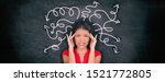 Small photo of Confused woman confusion illustrated on blackboard with chalk drawing of arrows going everywhere around head showing indecision. Indecisive stressed Asian girl with headache panoramic banner.