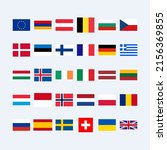 Set of simple flags of Europe including the European Union, United Kingdom, Germany, France, Italy, civil flag of Spain and many other countries