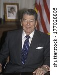 Small photo of President Reagan presents an introduction for the Horatio Alger Association