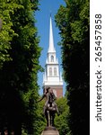 Small photo of Bronze Statue of Paul Revere on horse, Freedom Trail in front of the Old North Church, North End, James Rego Square, Hanover Street, Boston, MA. - April 18, 1775