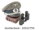 Small photo of Composition with German officer service cap (Wehrmacht) and popular field glass (sixfold) with leather box.