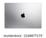 Small photo of St Petersburg, Russia - June 13, 2022. Close-up top view of Macbook grey laptop by Apple. Mackbook Pro 16 M1 chip 2021